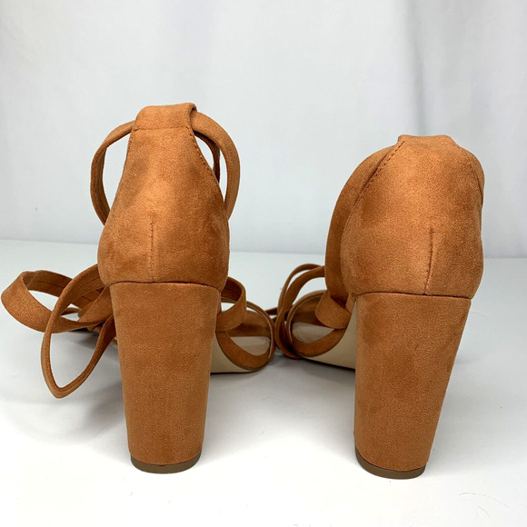 Womens High Heel Lace Up Strappy Suede Sandals Size 7 Brown Camel Block Heel - Picture 9 of 11